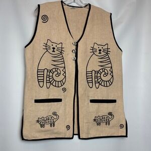 Cat Applique Cotton Vest Women's Medium Oversized Artsy Animal Lagenlook 90s